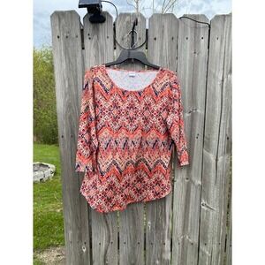 XIEERDUO Womens Orange Blue Ikat Chevron 3/4 Sleeve Pleated Scoop Neck Top L